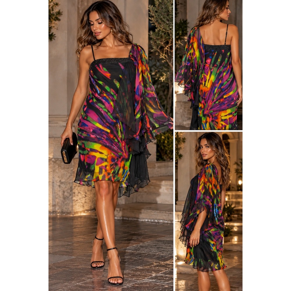 Vintage Alberto Makali Silk Rhinestone Asymmetric Fairy Dress Neon Multicolor 8